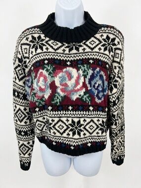 Reference Point Floral Fair Isle Mock Neck Sweater Cottagecore Knit